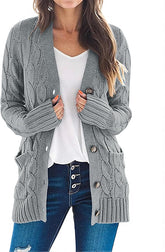 Women'S 2025 Fall Long Sleeve Cable Knit Sweater Open Front Cardigan Button Loose Outerwear