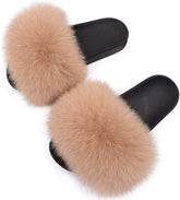 Real Fox Fur Slides for Women - Fluffy Fur Slippers Open Toe Flat Sandals for Outdoor